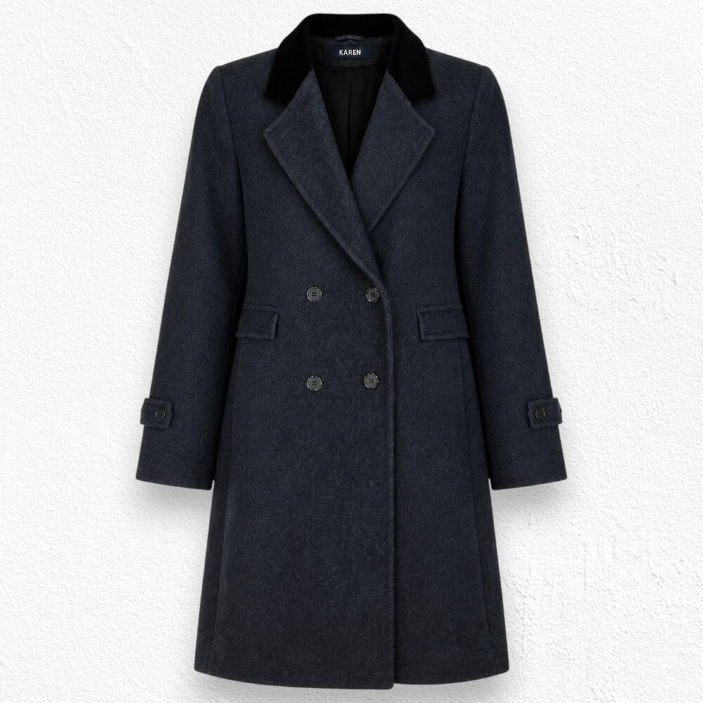 Vintage 80s Gray Wool Cashmere Double Breasted Velvet Collar Long Coat Size 14